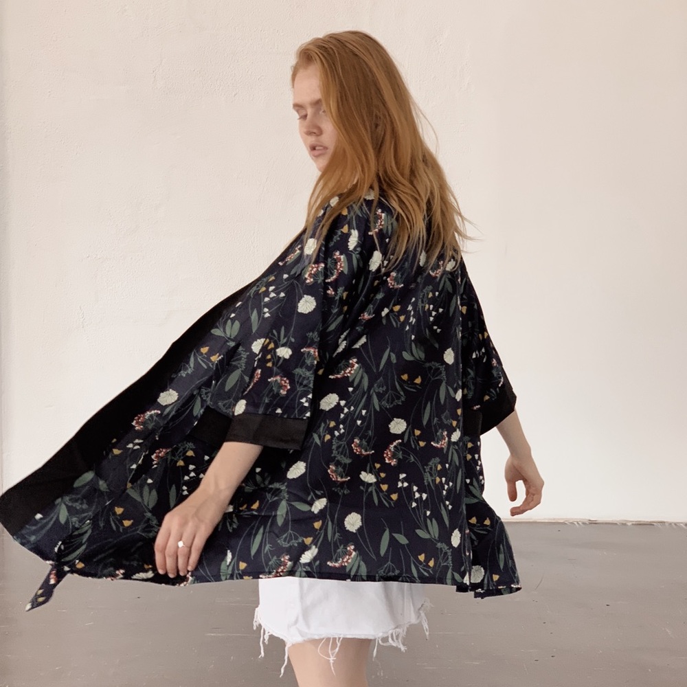 Navy and Black Floral Silky Kimono Top